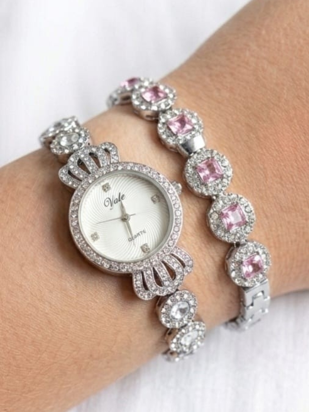 Women's Silver-Tone Pink Crystal Bracelet Watch Set